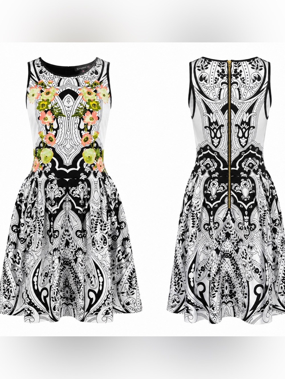 Juicy Couture Floral Baroque Fit & Flare Dress Black White Sleeveless - 6